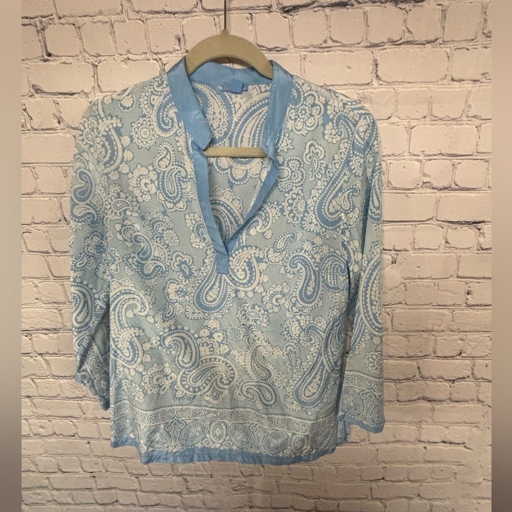 J. MCLAUGHLIN Light Blue White Paisley Silk Cotton Boho Coastal Popover Top 6